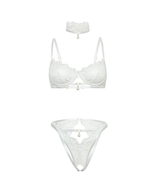 Pearla Lace Underwire Bra & Open Back Panty w/Matching Collar 3 pc Set - White L/XL | Shop Lowest Prices at Funlove.com