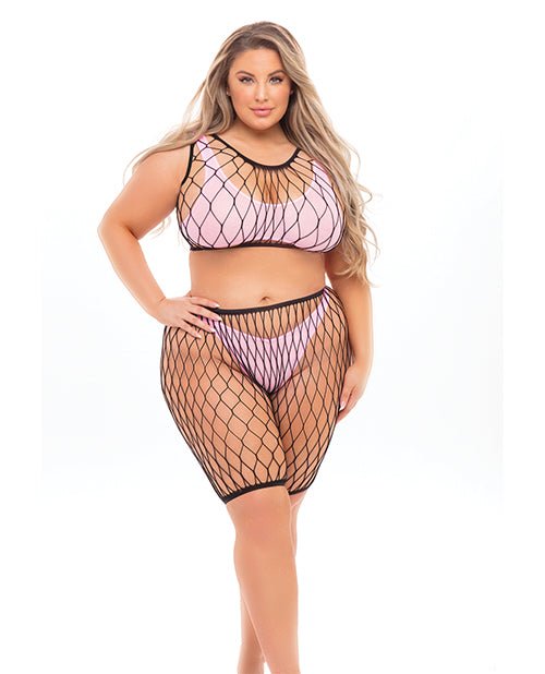 Pink Lipstick Brace For Impact Large Fishnet Top, Shorts, Bra & Thong (fits Up To 3x) Pink Qn | Shop Lowest Prices at Funlove.com
