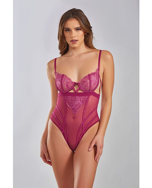 Quinn Cross Dyed Galloon Lace & Mesh Teddy Wine XL | Shop Lowest Prices at Funlove.com