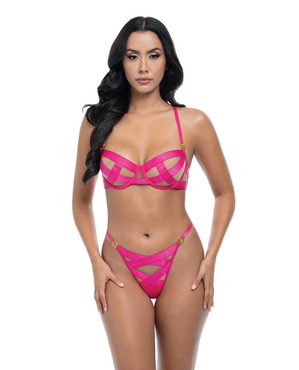 Raelynn Satin Strappy Underwire Bra w/G - String 2 pc Set - Pink Yarrow LG | Shop Lowest Prices at Funlove.com