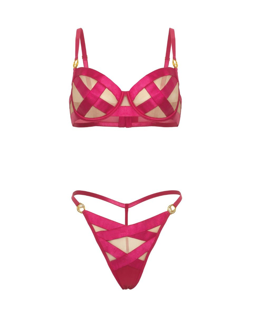 Raelynn Satin Strappy Underwire Bra w/G - String 2 pc Set - Pink Yarrow XL | Shop Lowest Prices at Funlove.com