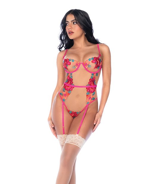 Seductive Garden Floral Mesh Teddy w/Attached Garters - Multi - Color L/XL | Shop Lowest Prices at Funlove.com