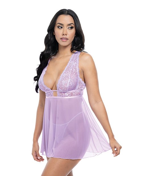 Stassi Lace & Mesh Babydoll w/G - String 2 pc Set - Lavender L/XL | Shop Lowest Prices at Funlove.com