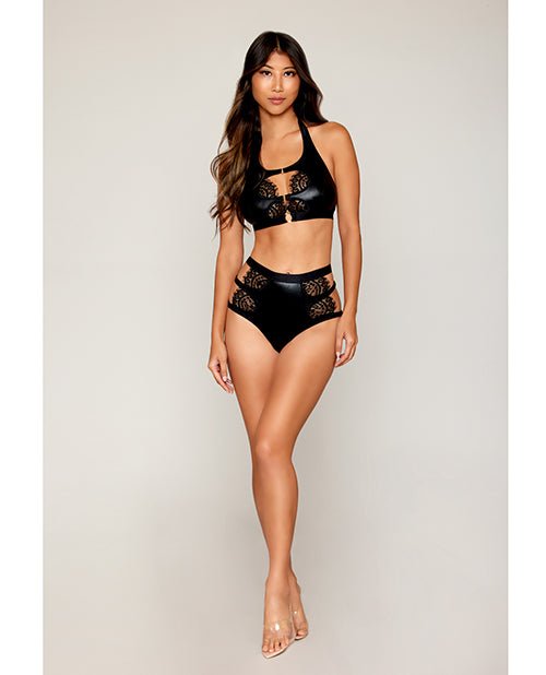Stretch Faux Leather and Eyelash Lace Bralette with High - Waisted Panty | Shop Lowest Prices at Funlove.com