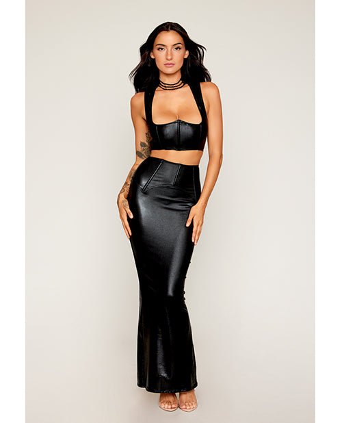 Stretch Faux Leather Harness Bra & Long Slip Skirt - Black | Shop Lowest Prices at Funlove.com