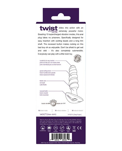 VeDO Twist Rechargeable Anal Plug - Purple | Shop Lowest Prices at Funlove.com