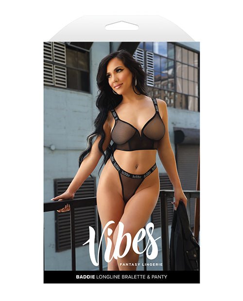 Vibes Baddie Glitter Mesh Long Line Bralette & Thong Black L/XL | Shop Lowest Prices at Funlove.com