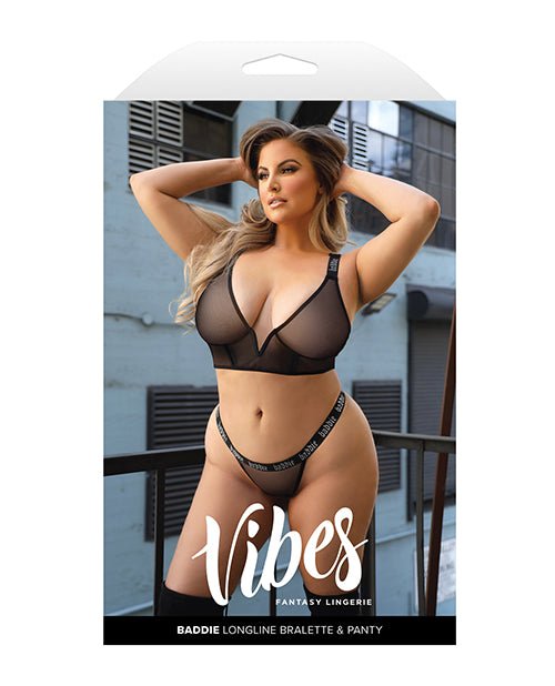 Vibes Baddie Glitter Mesh Long Line Bralette & Thong Black QN | Shop Lowest Prices at Funlove.com