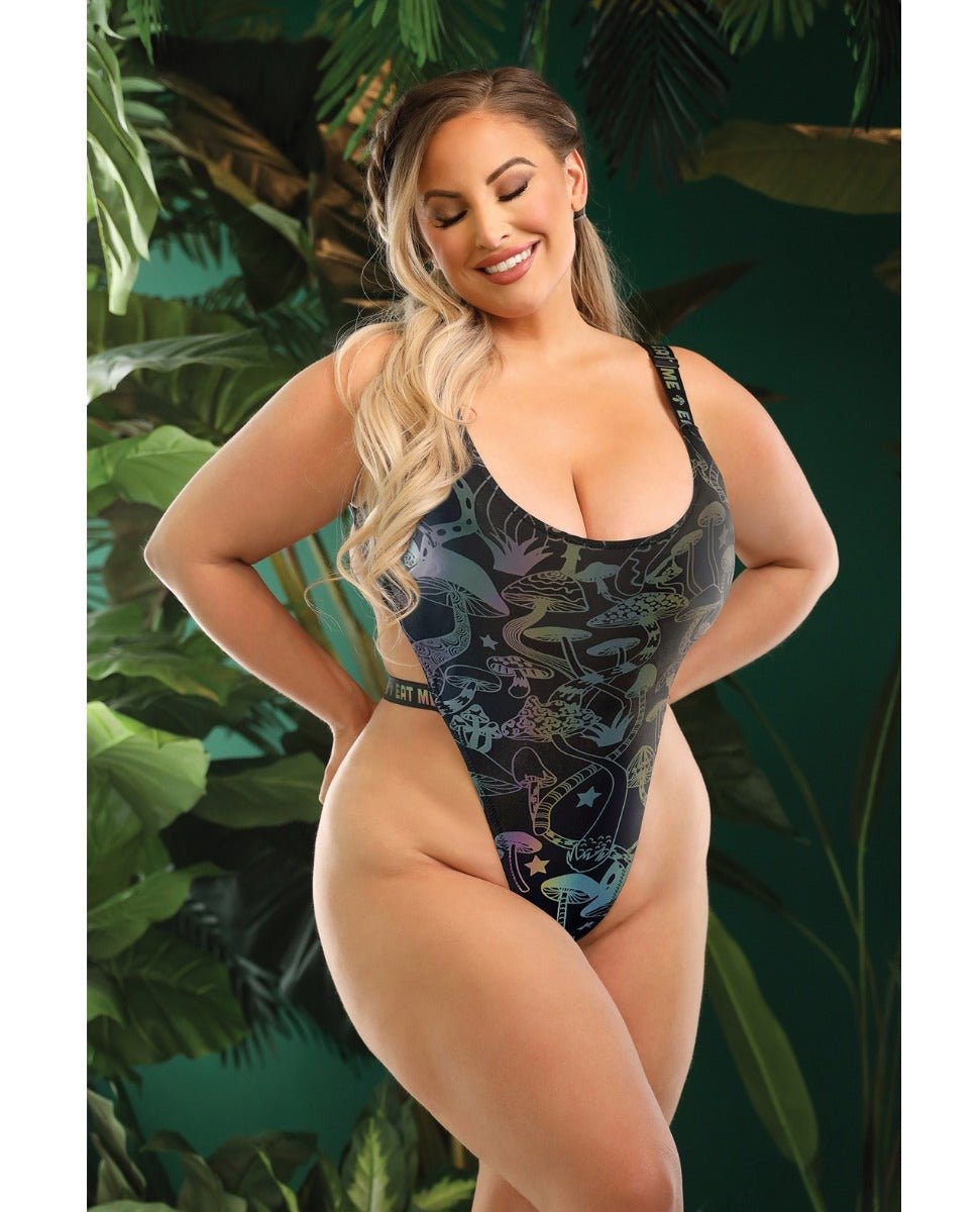 Vibes Eat Me Flash Reactive Mushroom Print Bodysuit w/Snap Closure - Black QN | Shop Lowest Prices at Funlove.com