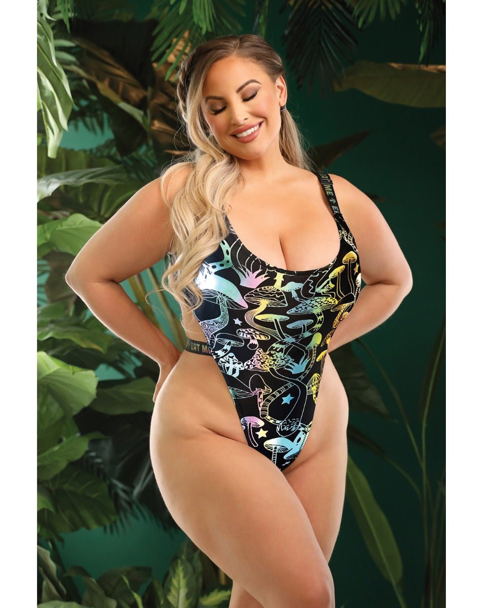 Vibes Eat Me Flash Reactive Mushroom Print Bodysuit w/Snap Closure - Black QN | Shop Lowest Prices at Funlove.com