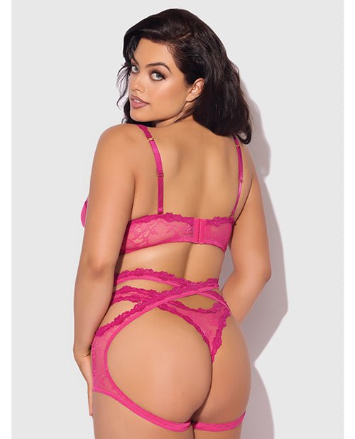 Yvone Lace Bra w/Removable Straps, Garter & Tanga Panty 3 pc Set - Pink 1X/2X | Shop Lowest Prices at Funlove.com