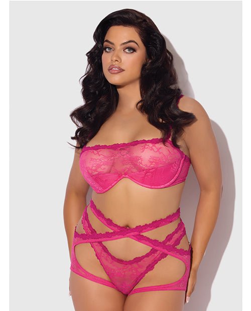 Yvone Lace Bra w/Removable Straps, Garter & Tanga Panty 3 pc Set - Pink 1X/2X | Shop Lowest Prices at Funlove.com