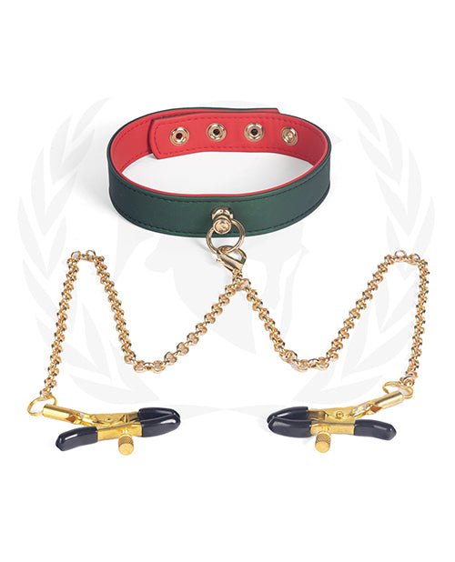 Spartacus Pu Collar W/nipple Clamps - Green | Shop Lowest Prices at Funlove.com