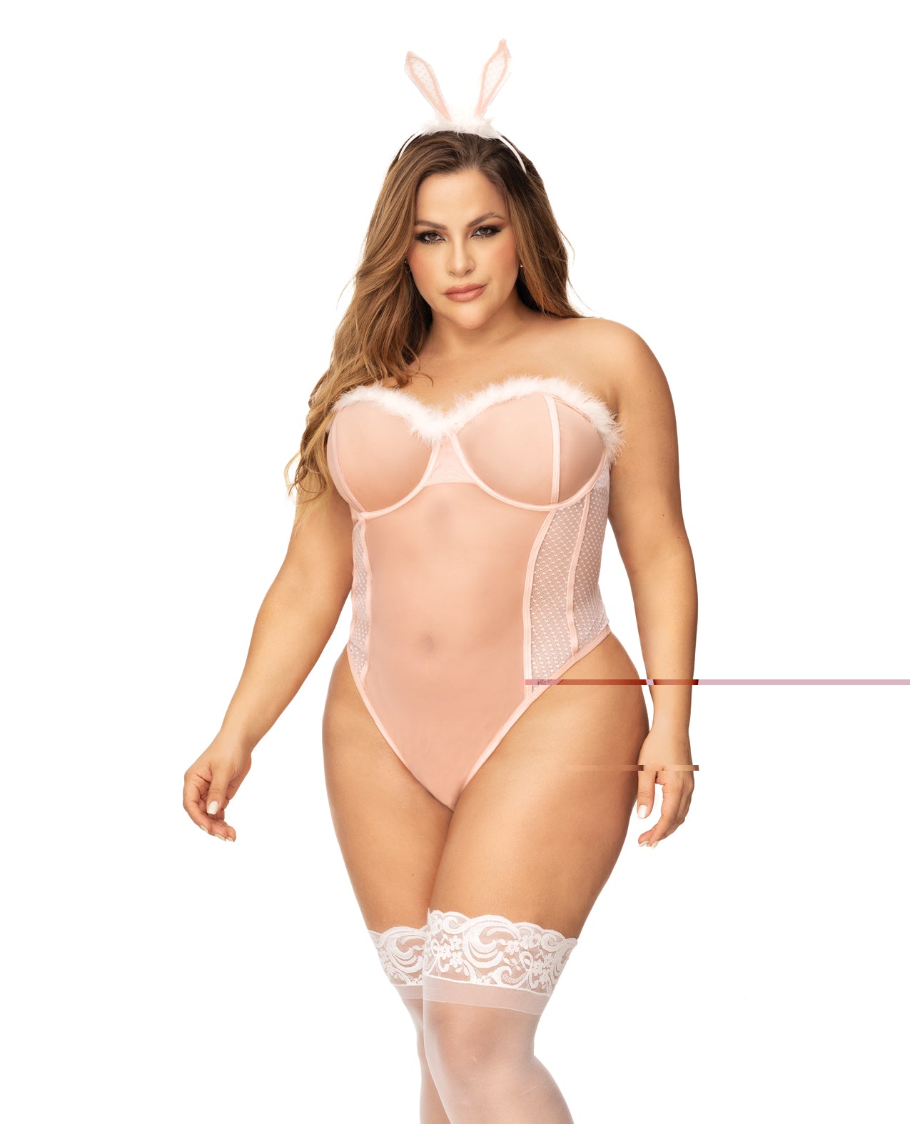 Sexy Bunny Underwire Bodysuit W/lace Up Back & Head Piece Pink