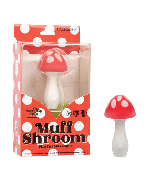 Naughty Bits Muff Shroom Playful Massager in red and white with 10 vibration modes