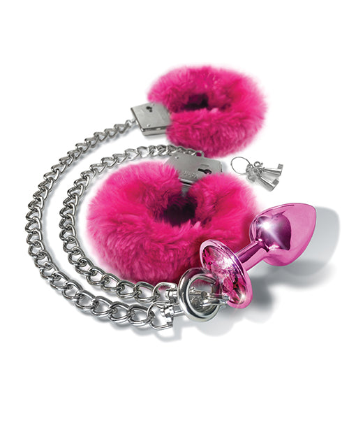 Nixie Metal Butt Plug W/inlaid Jewel & Fur Cuff Set