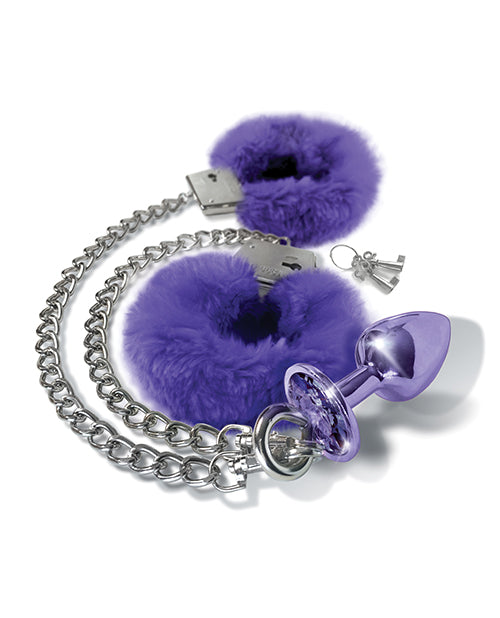 Nixie Metal Butt Plug W/inlaid Jewel & Fur Cuff Set