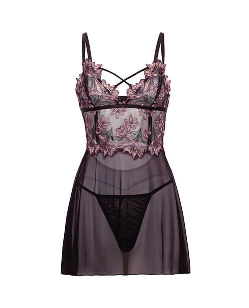 Adela Embroidered Boned Lace and Mesh Babydoll w/G - String 2 pc Set - Black/Pink SM | Shop Lowest Prices at Funlove.com
