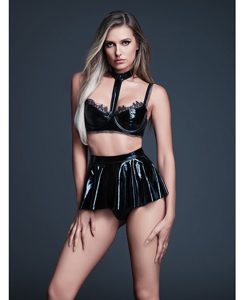 Allure Naughty Nights Latex Look Vinyl and Lace Choker Bra & Mini Skirt 2 pc Set - Black SM | Shop Lowest Prices at Funlove.com