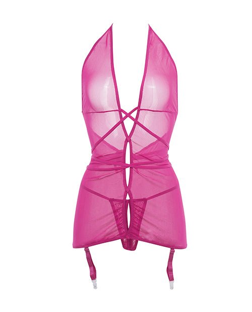 Allure Savannah Sheer Mesh Garter Dress & Open Thong Hot Pink L/XL | Shop Lowest Prices at Funlove.com