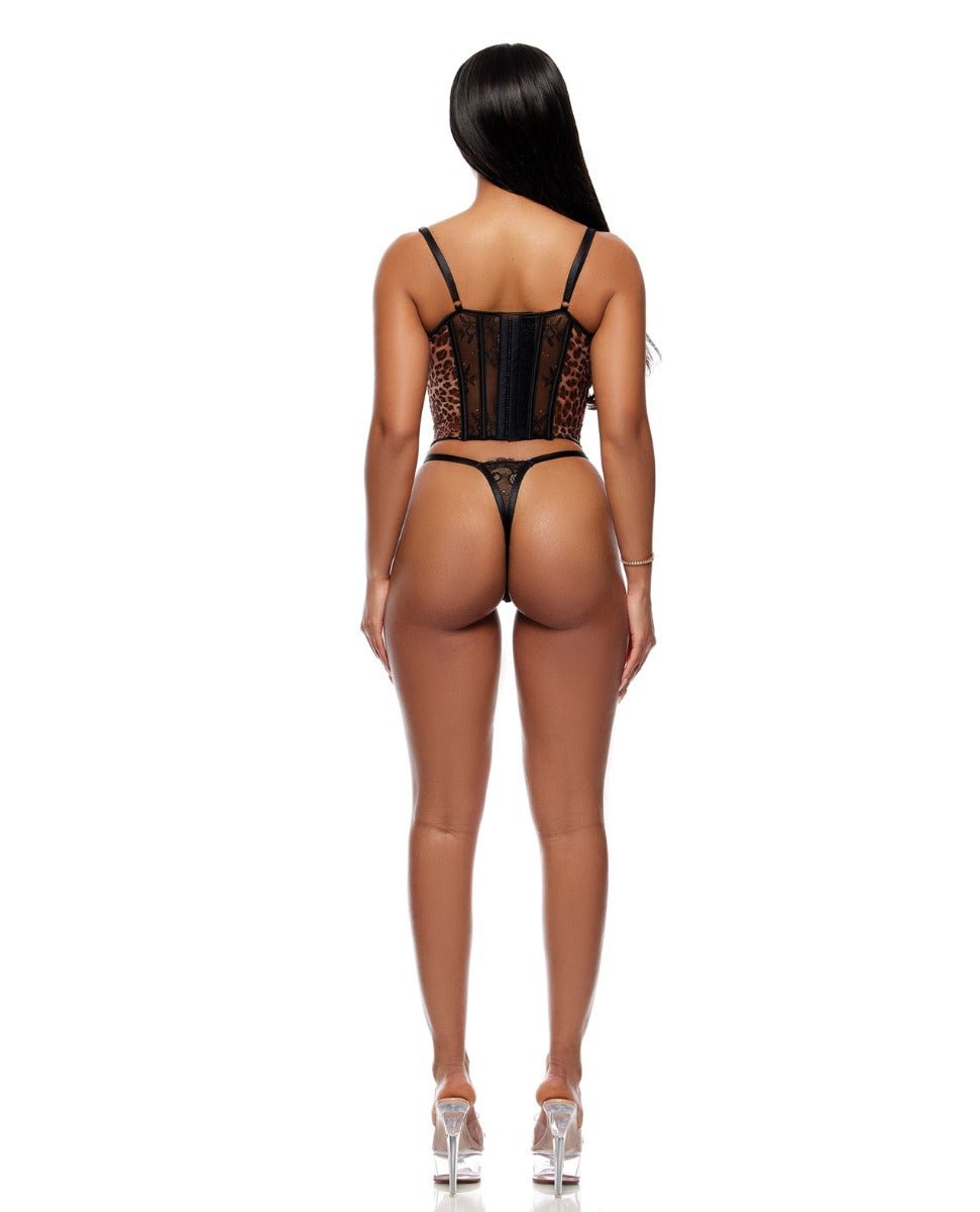 Animal Instincts Sheer Mesh and Lace Bustier w/Thong 2 pc Set - Animal XL | Shop Lowest Prices at Funlove.com
