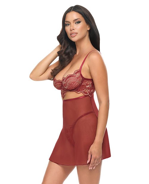 Arielle Unlined Underwire Lace Babydoll w/G - String - Burgundy S/M | Shop Lowest Prices at Funlove.com