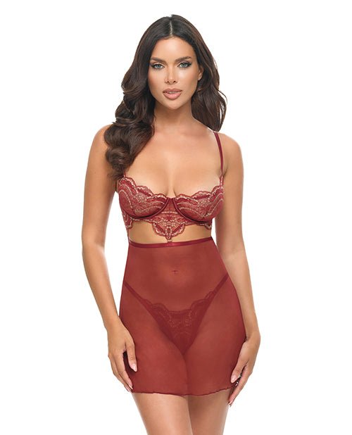 Arielle Unlined Underwire Lace Babydoll w/G - String - Burgundy S/M | Shop Lowest Prices at Funlove.com