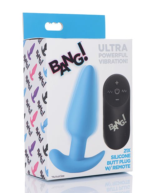 Bang! 21X Vibrating Silicone Butt Plug w/Remote - Blue | Shop Lowest Prices at Funlove.com