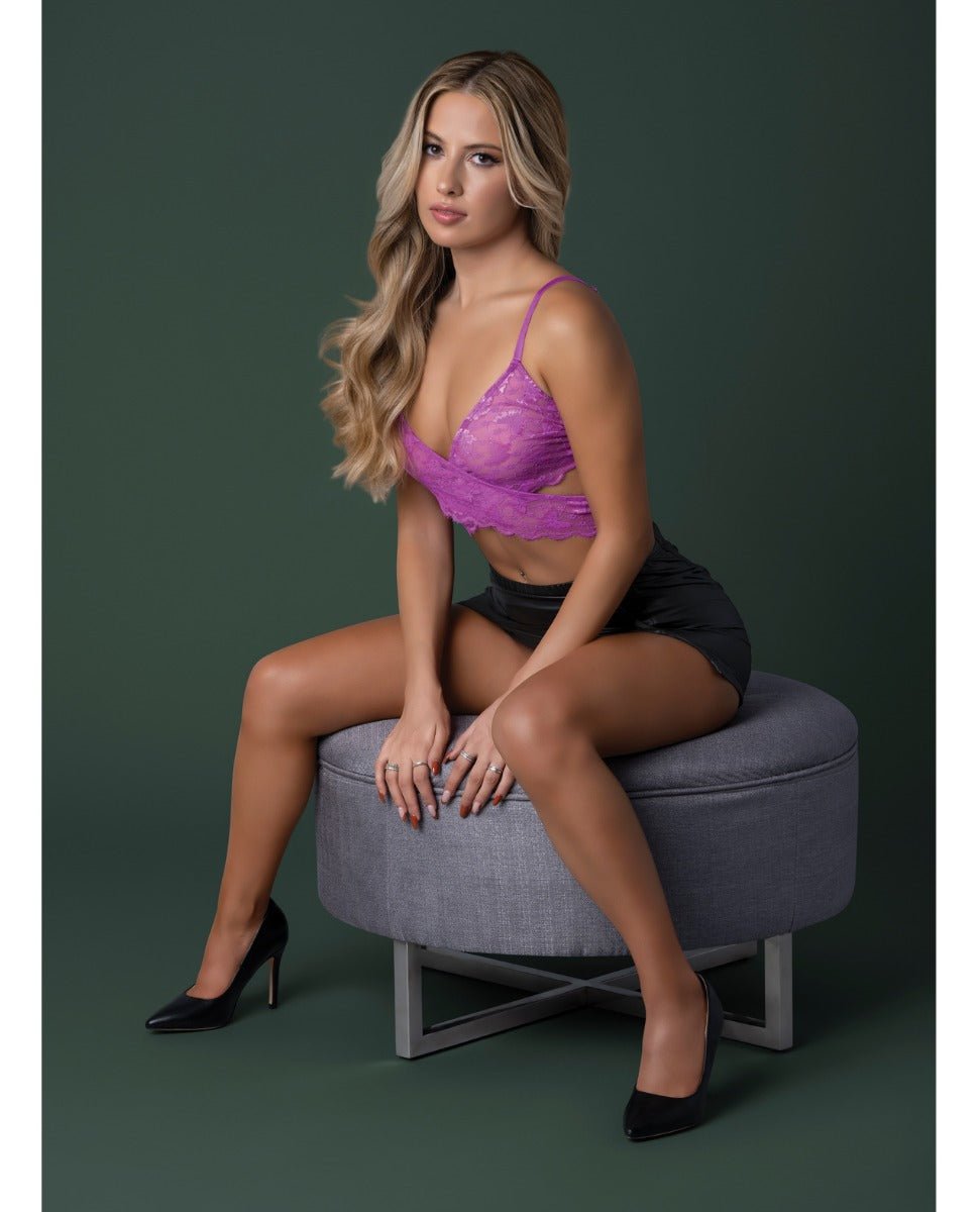 Butterfly Fantasies Cross Over Bralette w/Thong and Garter 3 pc Set - Neon Purple S/M | Shop Lowest Prices at Funlove.com