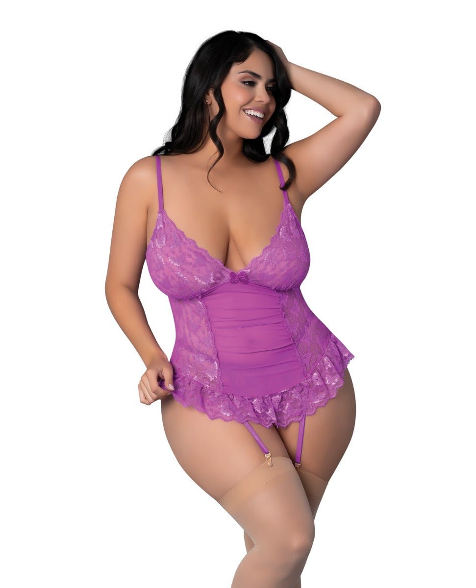 Butterfly Fantasies Gathered Corset w/Cheeky Panty & Attached Garters 2 pc Set - Neon Purple QN | Shop Lowest Prices at Funlove.com