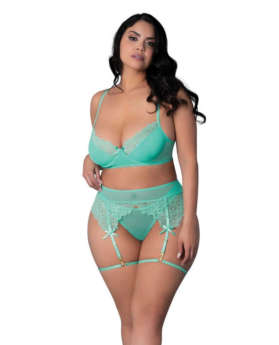Caribbean Crush Demi Bra w/Thong & Garters 3 pc Set - Aqua QN | Shop Lowest Prices at Funlove.com