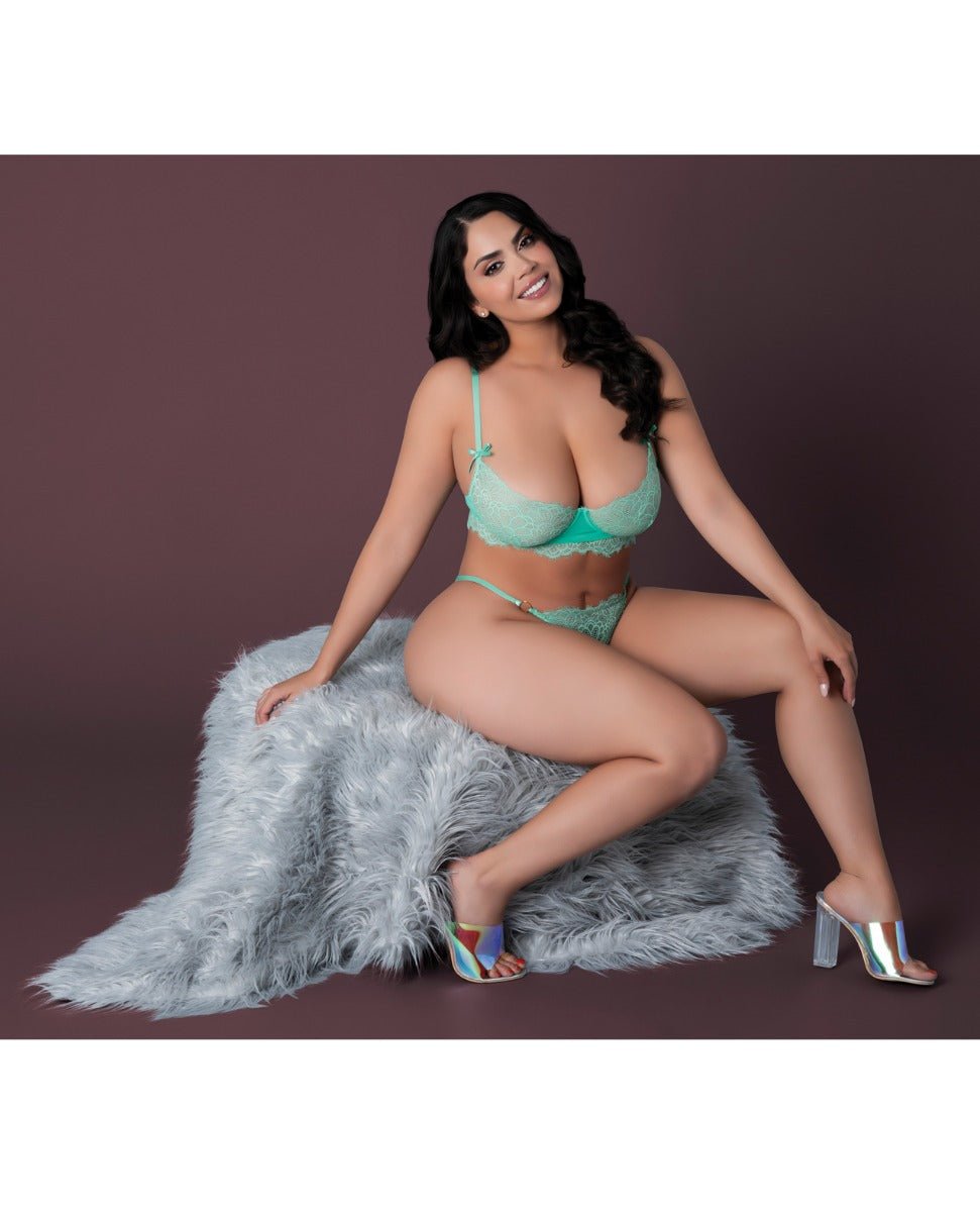 Caribbean Crush Demi Long Line Bra w/Thong & Removable Waist Flounce - Aqua QN | Shop Lowest Prices at Funlove.com