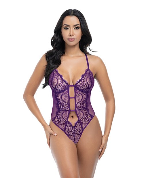 Carmen Lace & Mesh Underwire Crotchless Teddy - Imperial Purple L/XL | Shop Lowest Prices at Funlove.com