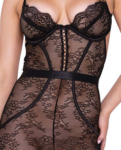 Chantilly Stretch Lace Sleeveless Catsuit W/satin Trim Black | Shop Lowest Prices at Funlove.com