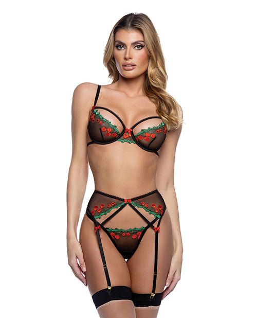 Cherry Delight Embroidered Lace and Mesh Underwire Bra w/Garter & G - String 3 pc Set - Black XL | Shop Lowest Prices at Funlove.com