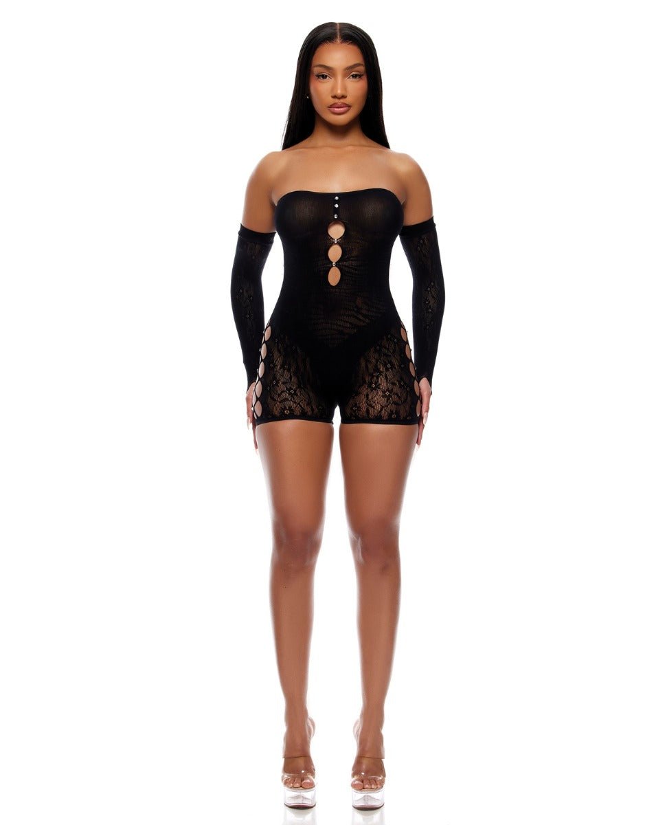 Cross Your Mind Romper Bodystocking w/Rhinestone Details & Gloves 2 pc Set - Black QN | Shop Lowest Prices at Funlove.com