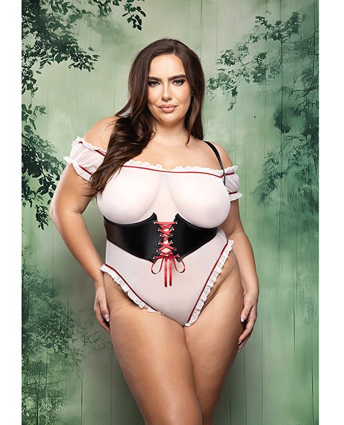 Dangerous Darling Sheer Mesh Ruffle Teddy w/Waist Cincher & Hooded Cape 3 pc Set - Black/White 3X/4X | Shop Lowest Prices at Funlove.com