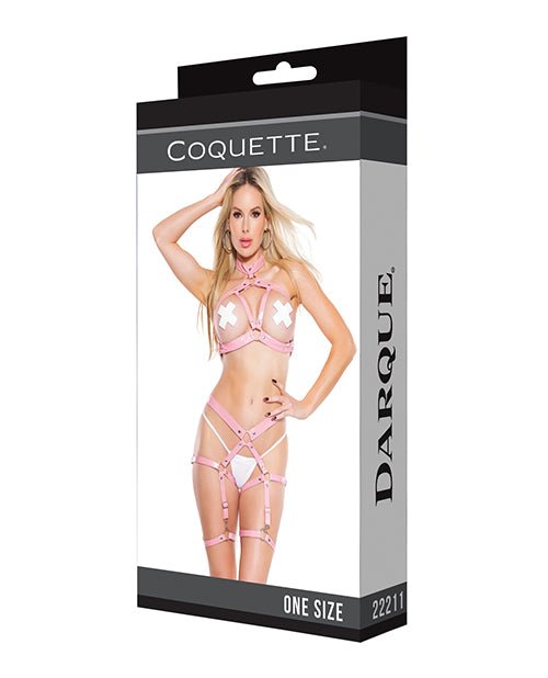 Darque Pvc Harness Open Cup Halter Top & Garter Leg Bands Pink Os | Shop Lowest Prices at Funlove.com