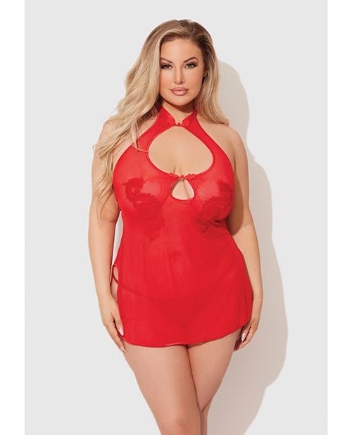 Dragon Mesh & Applique Chemise w/G - String 2 pc Set - Red 1X/2X | Shop Lowest Prices at Funlove.com
