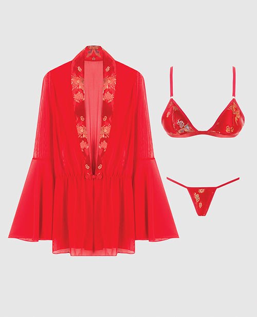 Dragon Sheer Mesh Robe w/Satin Triangle Top & G - String 3 pc Set - Red LG | Shop Lowest Prices at Funlove.com