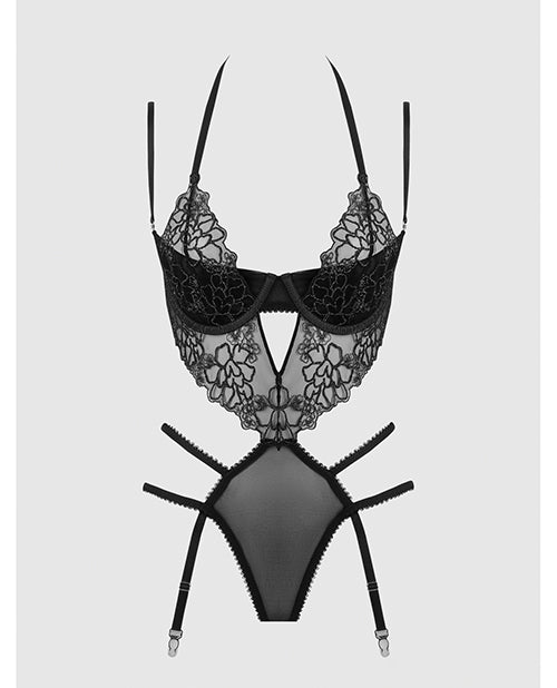Eden Embroidered Lace & Mesh Teddy w/Garters - Black SM | Shop Lowest Prices at Funlove.com