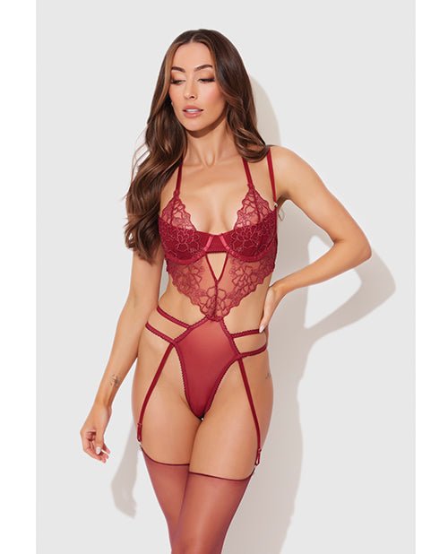 Eden Embroidered Lace & Mesh Teddy w/Garters - Dark Red SM | Shop Lowest Prices at Funlove.com