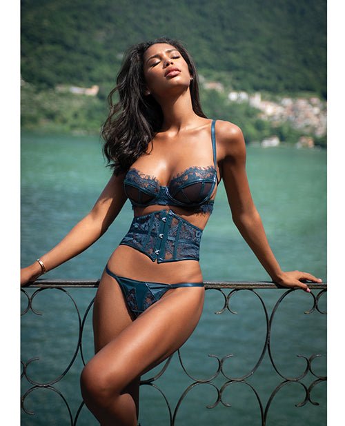 Eden Scalloped Eyelash Lace & Wet Look Waspie 3 pc Set - Teal XL | Shop Lowest Prices at Funlove.com