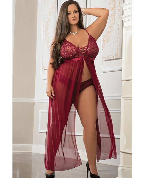 Empire Waist Laced Sheer Long Dress & Panty Mulled Wine Qn | Shop Lowest Prices at Funlove.com