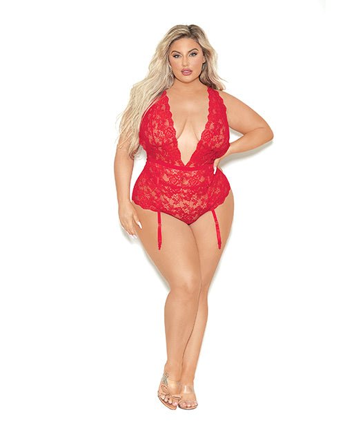Euphoria Deep V Lace Teddiette With Open Crotch & Butt Red QN | Shop Lowest Prices at Funlove.com