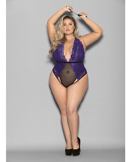 Euphoria Halter Lace & Mesh Teddy w/Wrist Restraints Purple/Black QN | Shop Lowest Prices at Funlove.com