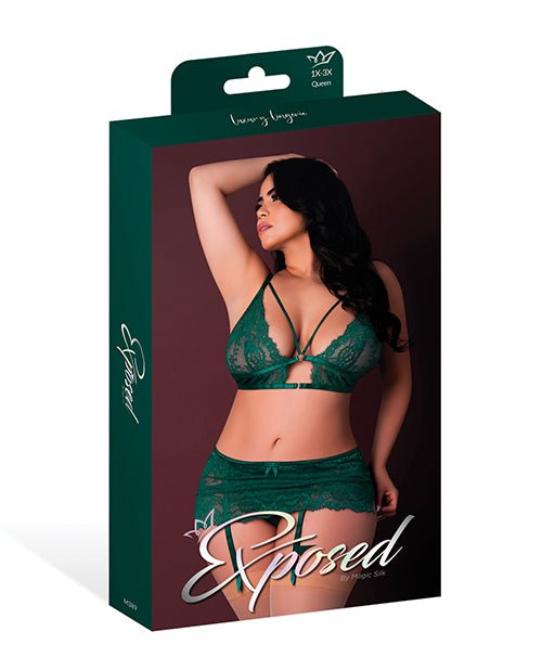 Evermore Bralette w/Skirt Garter & Thong 3 pc Set - Emerald QN | Shop Lowest Prices at Funlove.com