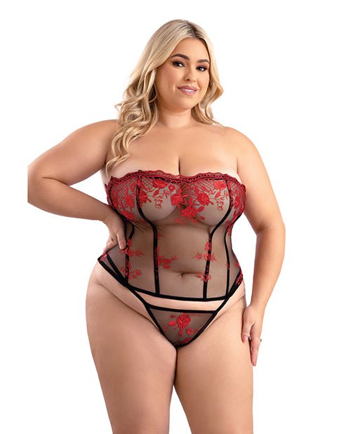 Floral Embroidered Mesh Corset w/G - String - Red/Black 1X/2X | Shop Lowest Prices at Funlove.com