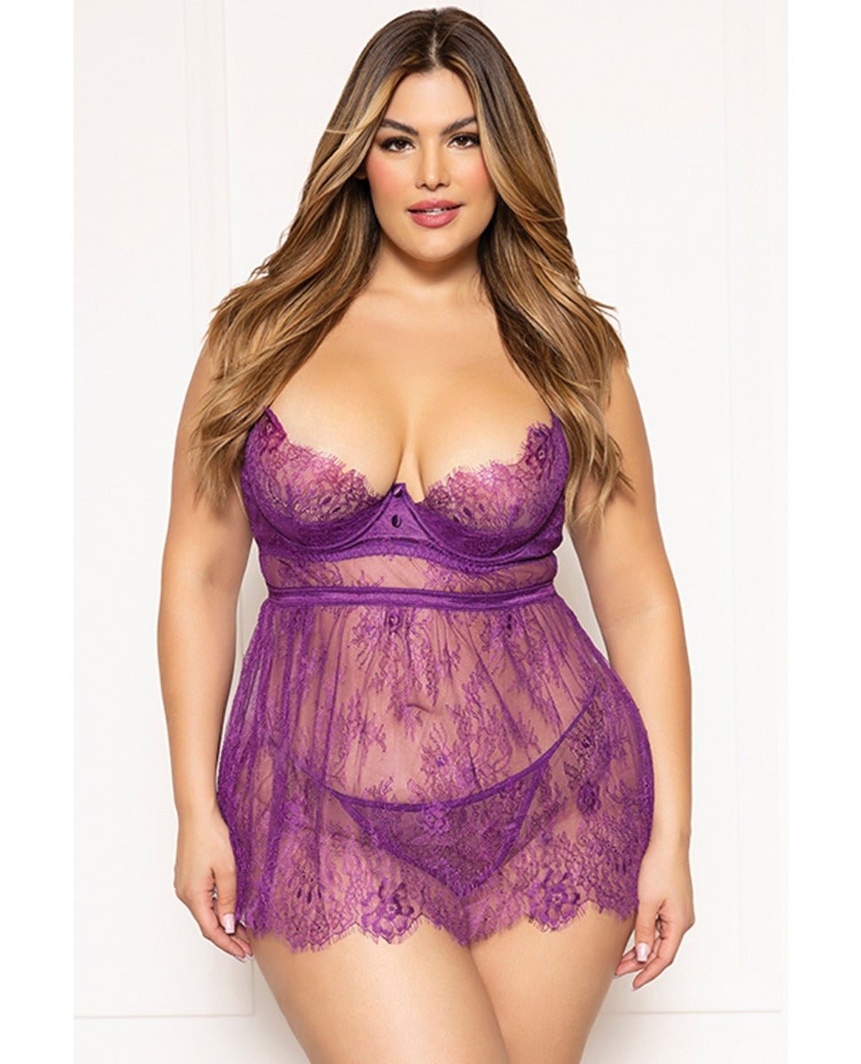 Floral Eyelash Lace Underwire Babydoll w/Thong 2 pc Set - Purple 3X/4X | Shop Lowest Prices at Funlove.com