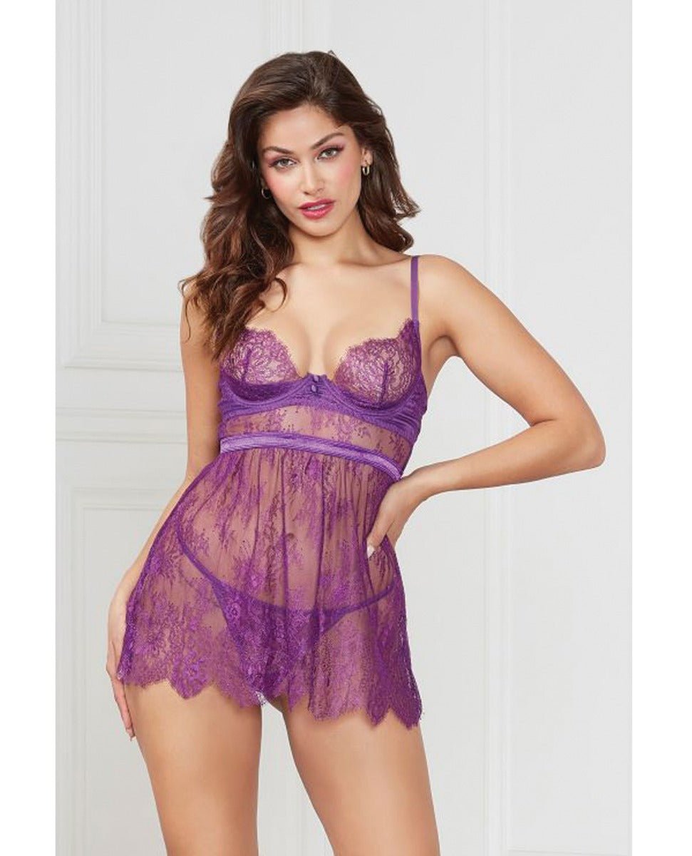 Floral Eyelash Lace Underwire Babydoll w/Thong 2 pc Set - Purple LG | Shop Lowest Prices at Funlove.com